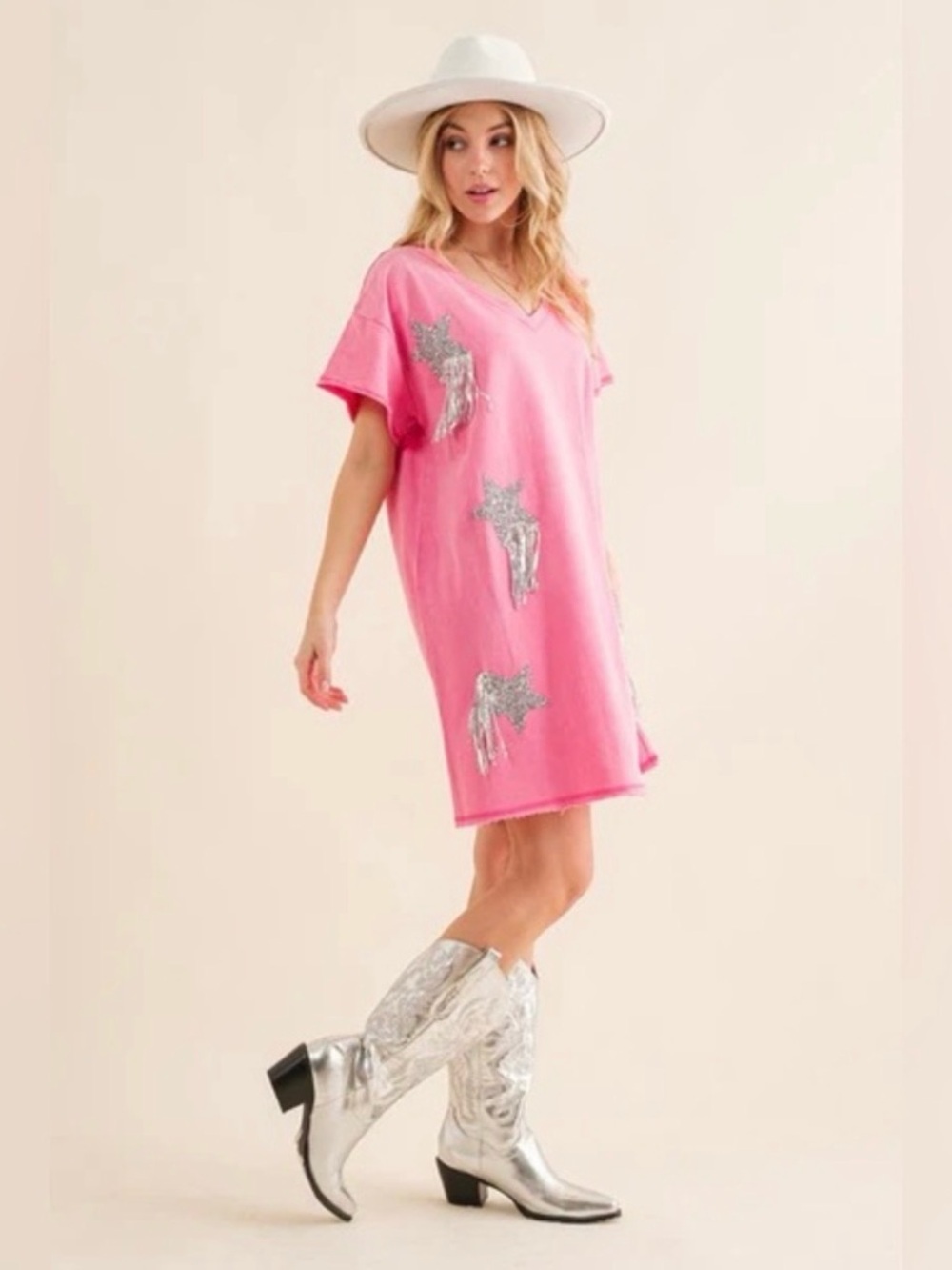 blue b Pink Cotton Silver-Sequin Star V-Neck Tee Dress Sz Small